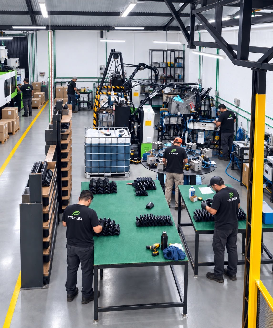 Equipe do Grupo Poliflex trabalhando na produção e no acabamento