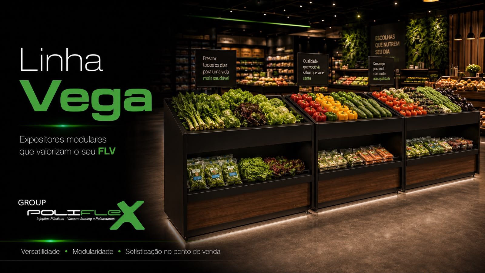 Linha Vega de expositores modulares para FLV